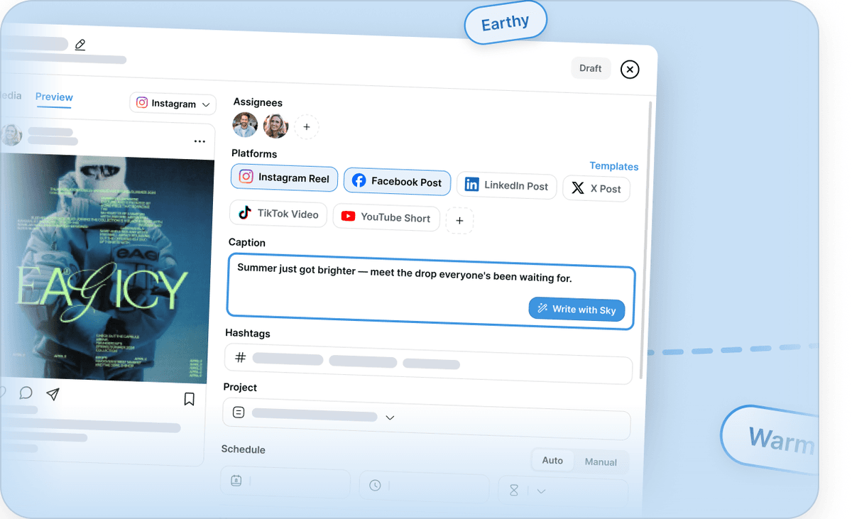 Kyte post composer with platform selection, caption drafting, and scheduling